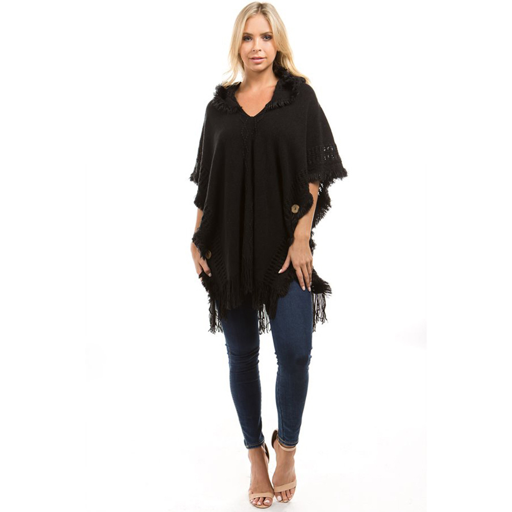 SZ60179-3 Ladies Women Knitting Crochet Black Hooded Short Sleeve Sweaters Shawl